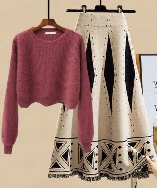 KATTY LOVELY SET Ivory Skirt & Burgundy Sweater