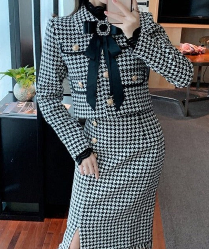SHARON TWEED SKIRT & BLAZER SET Black White