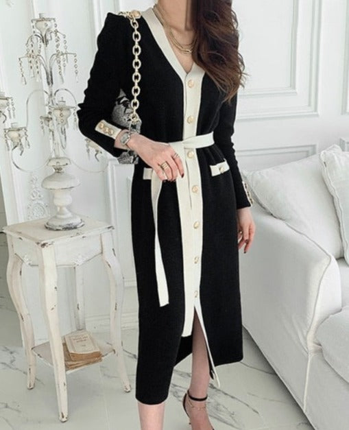 BERNADA KNIT BUTTONED DRESS White Black One Size