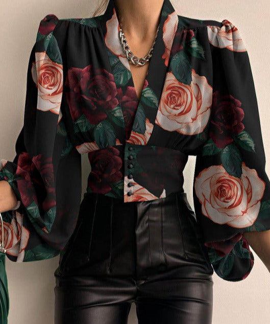 RITA BUTTONED SHIRT Black Pink Flower