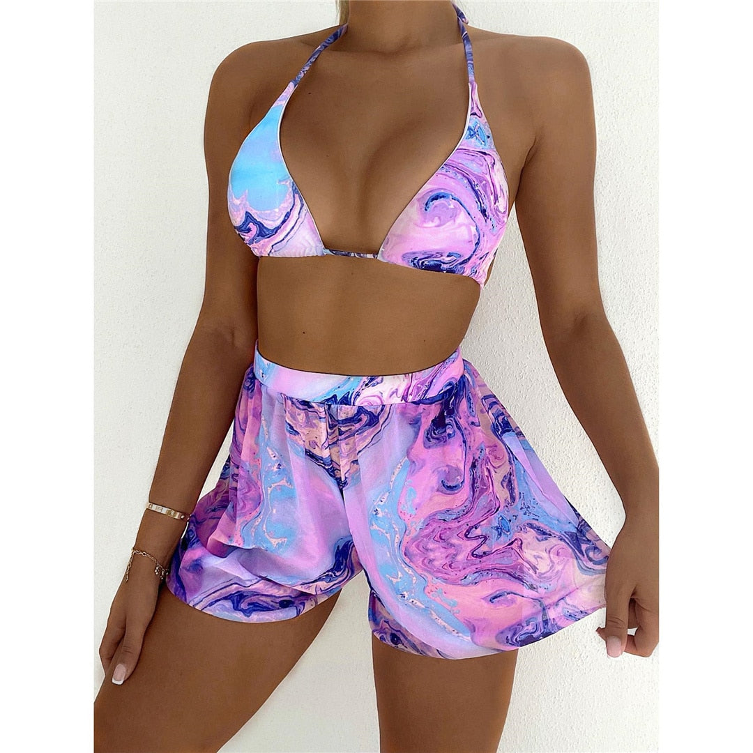 Tie Dye Halter Bikini With Shorts Pink Printed