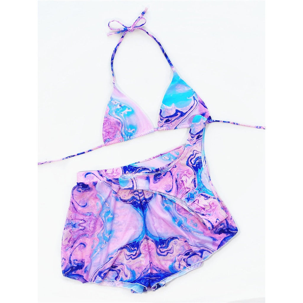 Tie Dye Halter Bikini With Shorts
