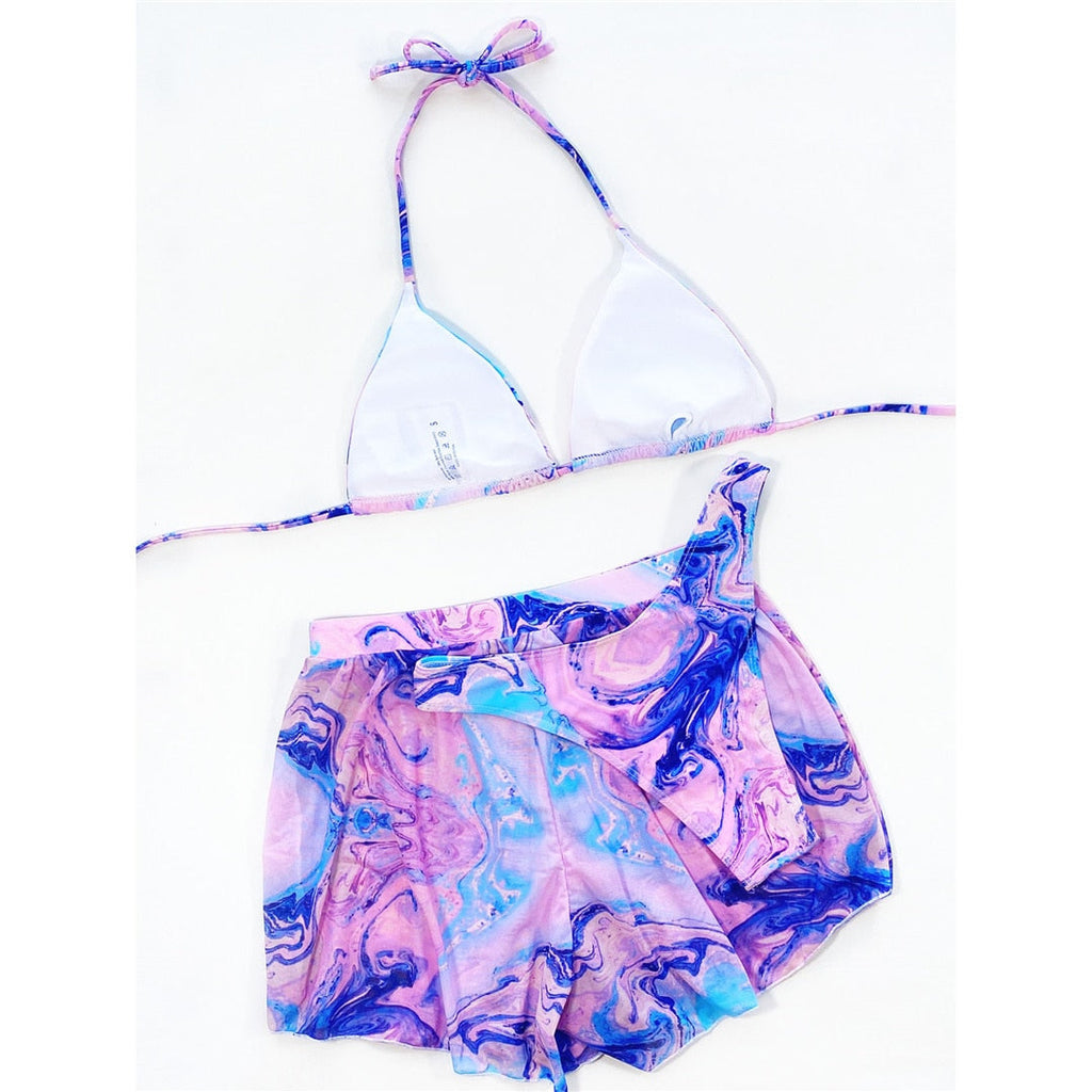 Tie Dye Halter Bikini With Shorts