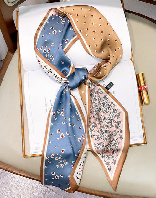 LAYLA SILKY SCARF Beige and Blue 150x15cm