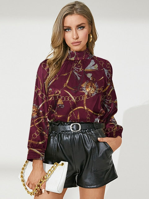 WEINA SATIN TOP Wine Red Golden