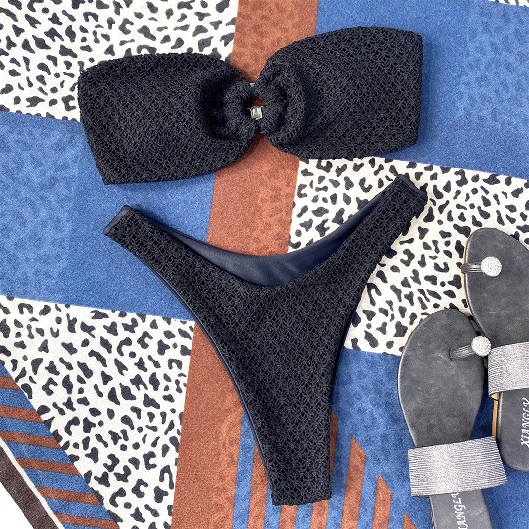 Wrinkled Bandeau Strapless Bikini Black