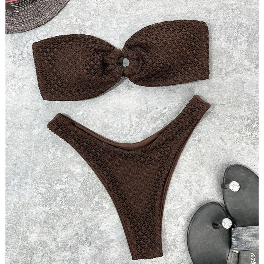 Wrinkled Bandeau Strapless Bikini Coffee
