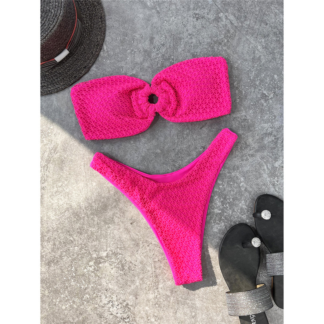 Wrinkled Bandeau Strapless Bikini Hot Pink
