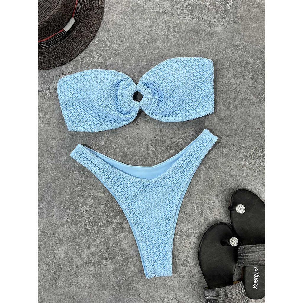 Wrinkled Bandeau Strapless Bikini Light Blue