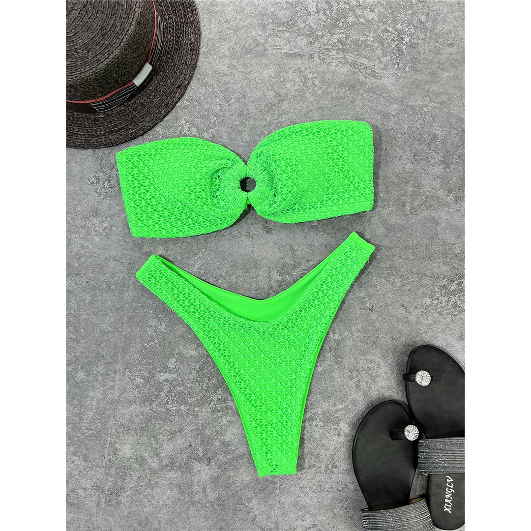 Wrinkled Bandeau Strapless Bikini Neon Green