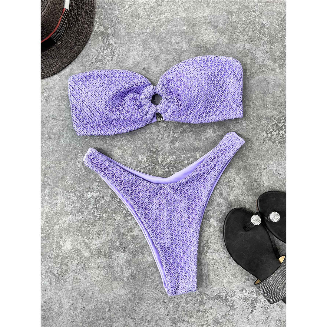 Wrinkled Bandeau Strapless Bikini Purple