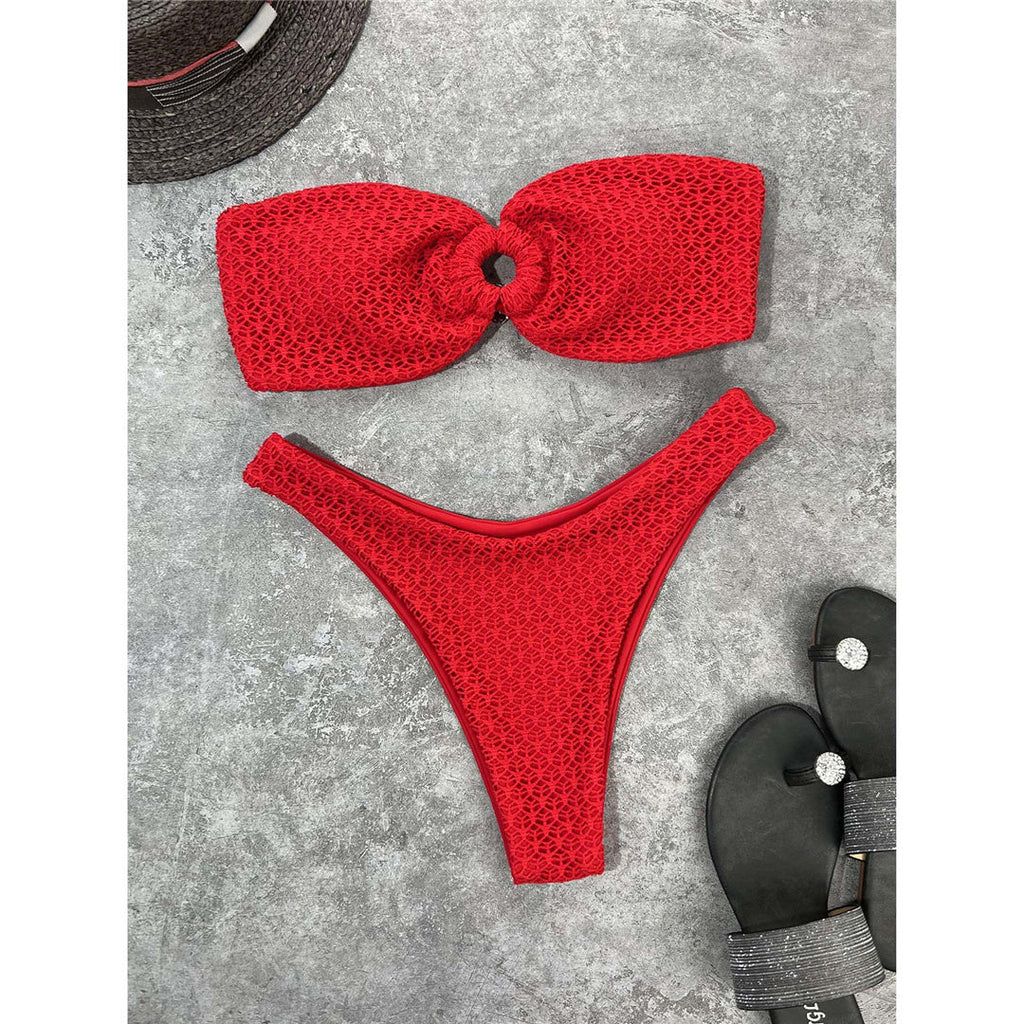 Wrinkled Bandeau Strapless Bikini Red
