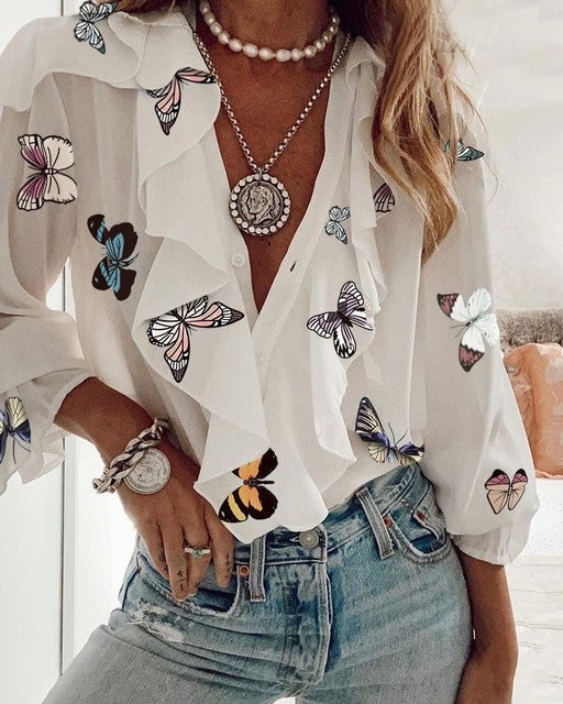 VERA RUFFLED BLOUSE White butterfly