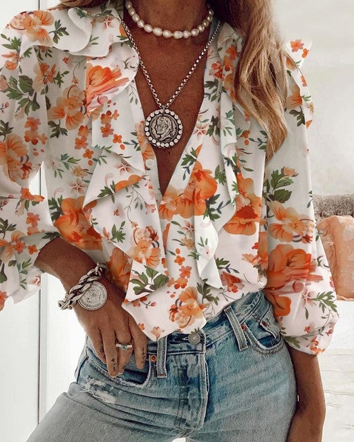 VERA RUFFLED BLOUSE Orange flower