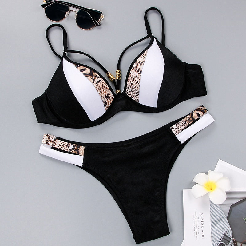 Push Up Deep V Bikini White Snake