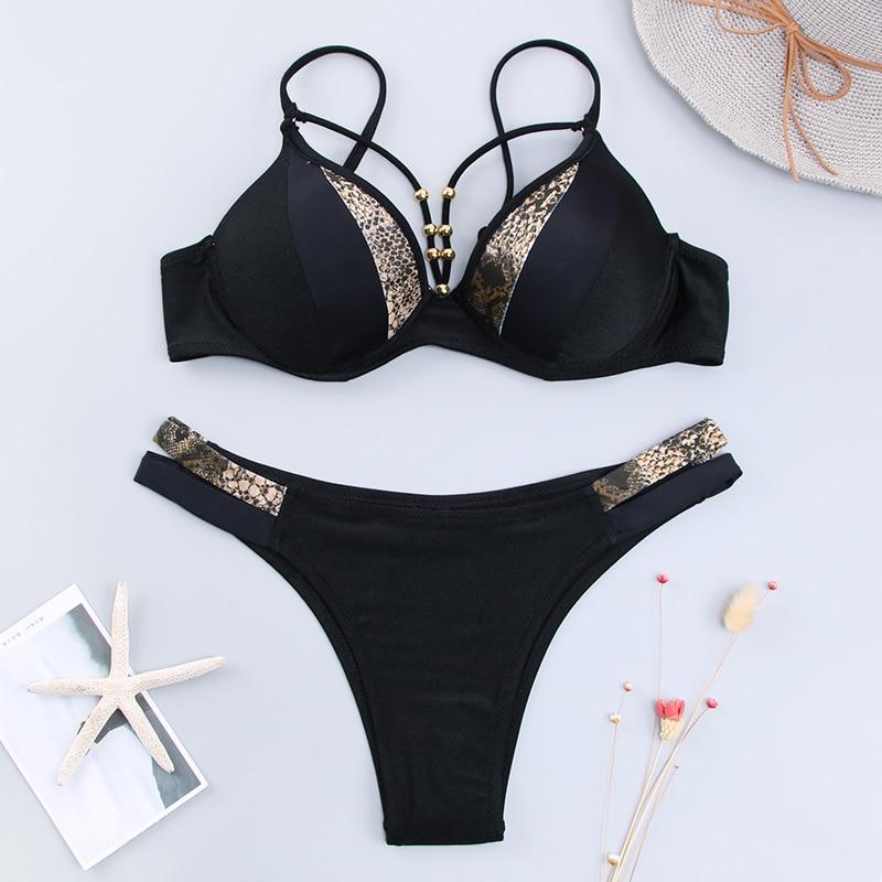 Push Up Deep V Bikini Black Snake