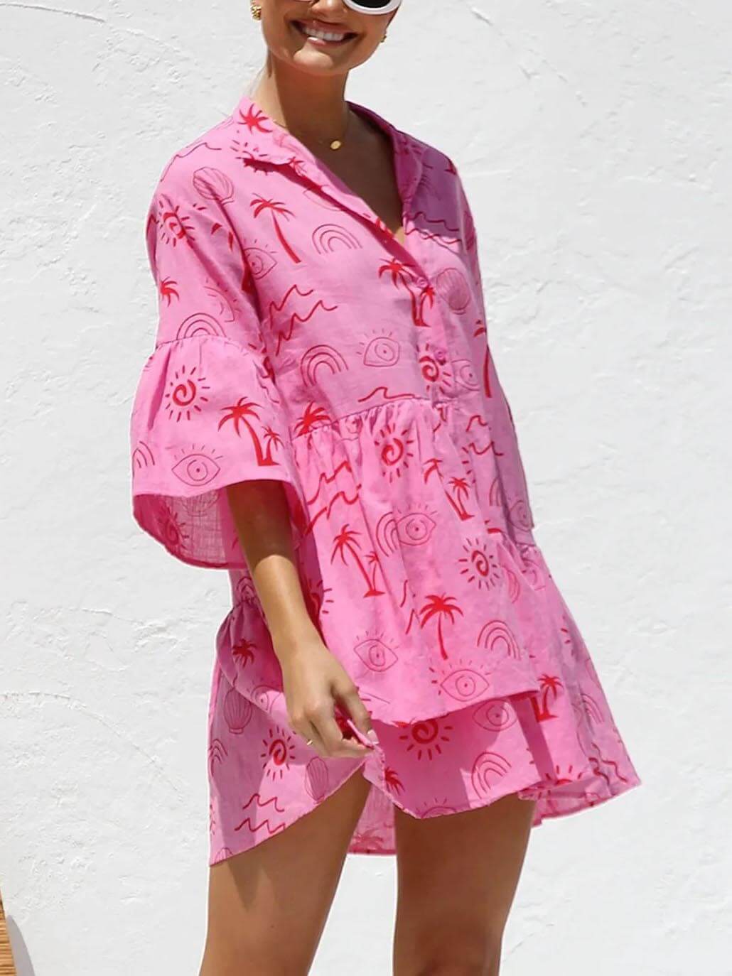 Lockeres Hemd-Kurzkleid im Ethno-Stil