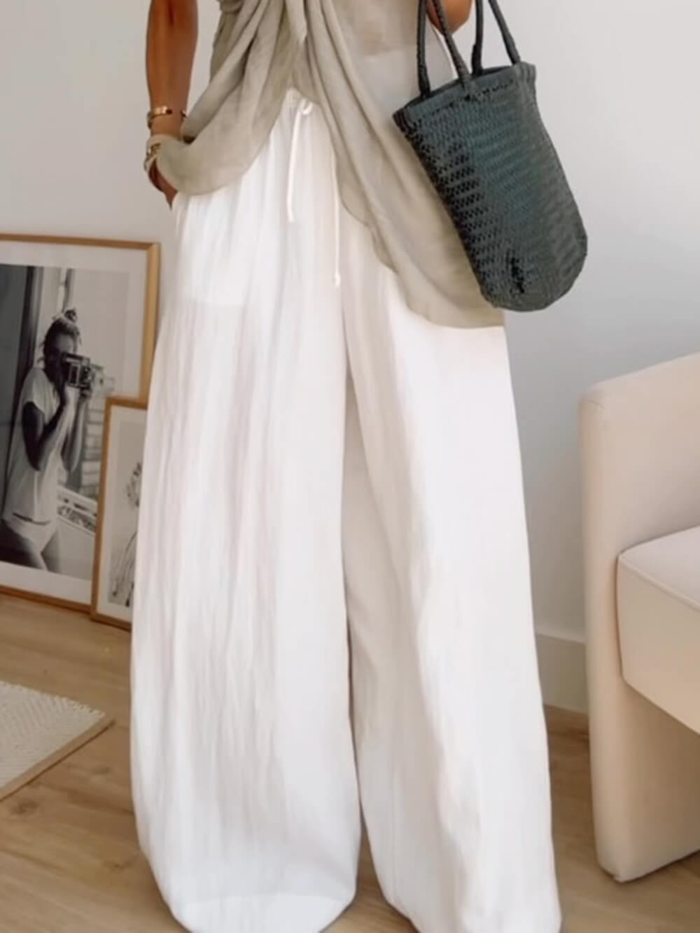 Pantalon large style bohème à taille élastique et cordon de serrage