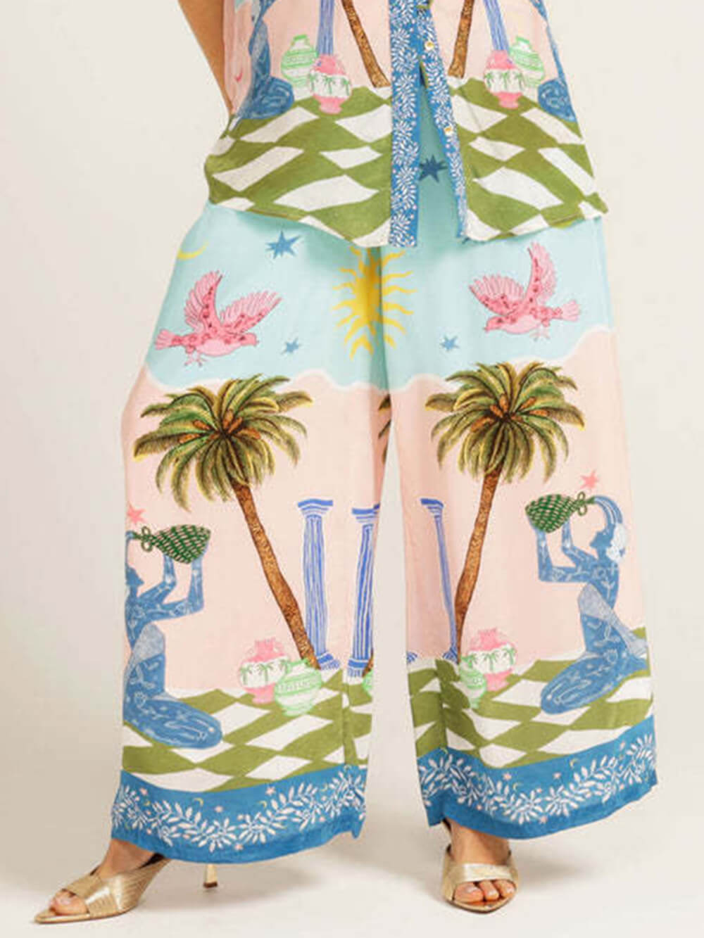 Casual Palm Tree Print Elastic Waist Pocket Wide-Leg Pants