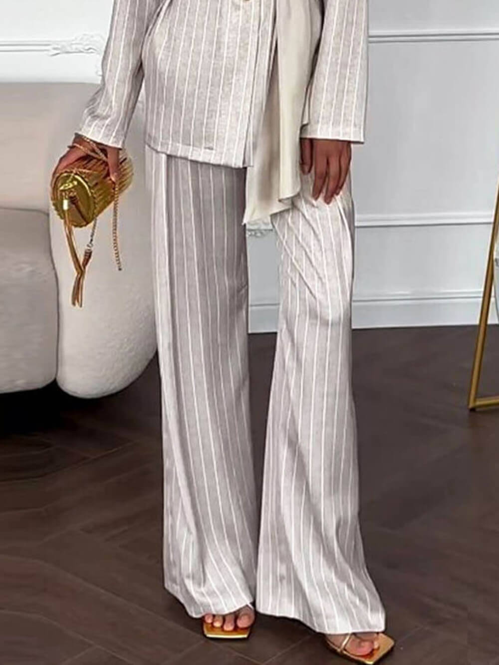 Exquisite Striped Print High-Waist Straight Pants