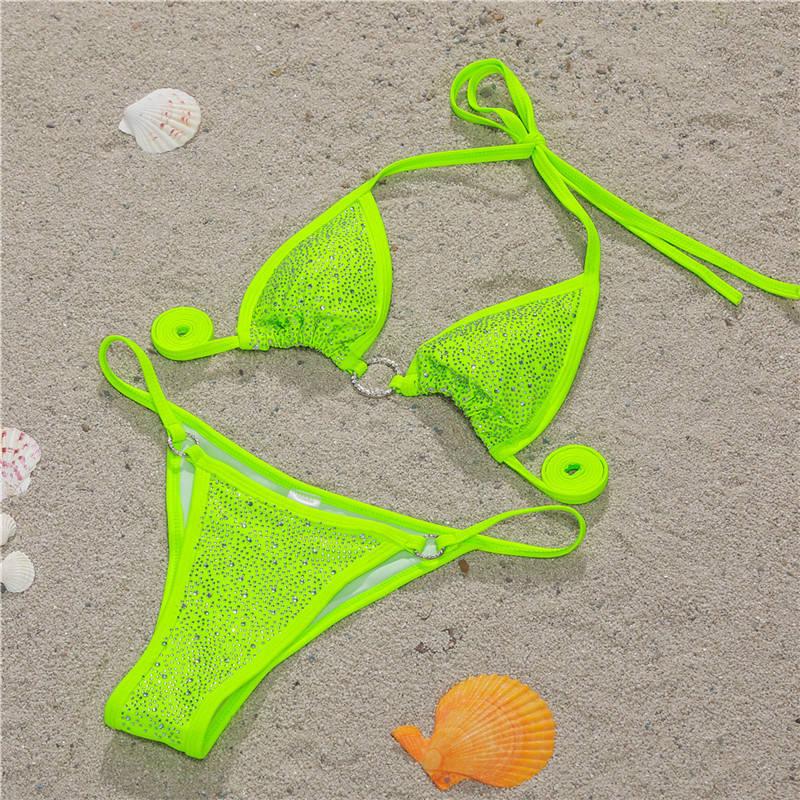Crystal Bikini With Rhinestone Neon Green