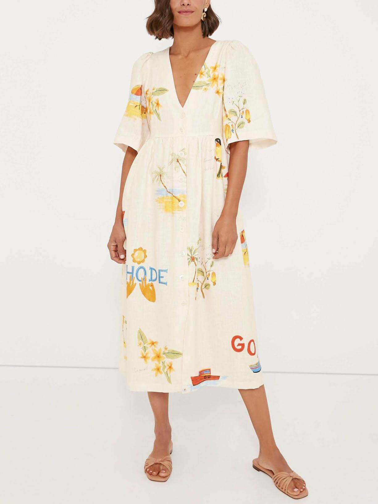 Unique Holiday Folk – Midikleid mit Puffärmeln und Blumenmuster