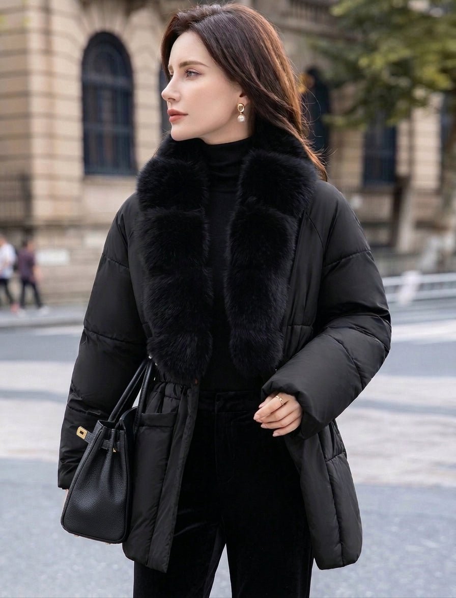 Anna Belted Faux Fur Collar Quilted Parka