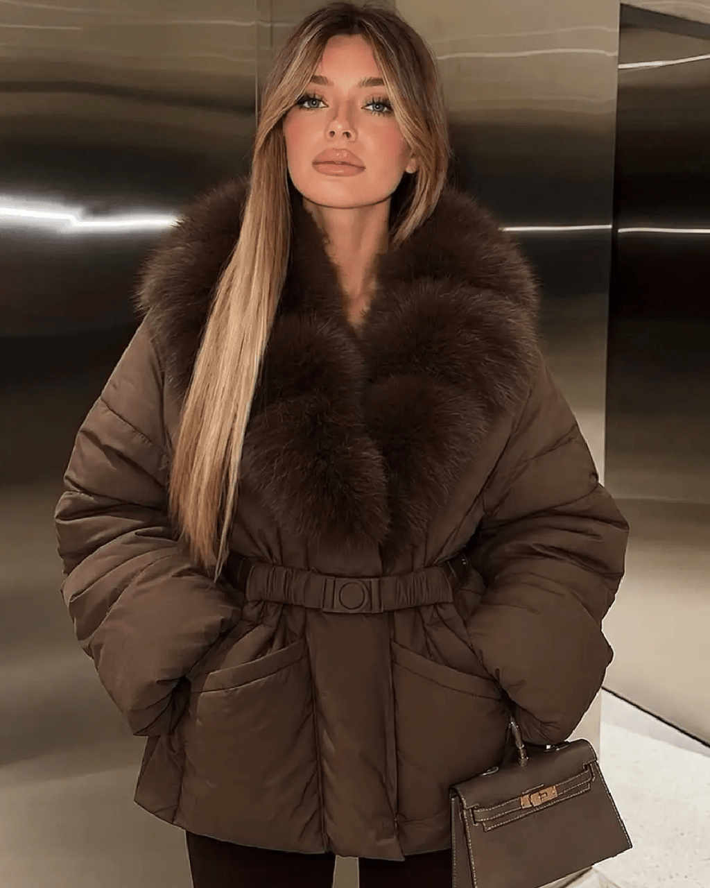Anna Belted Faux Fur Collar Quilted Parka