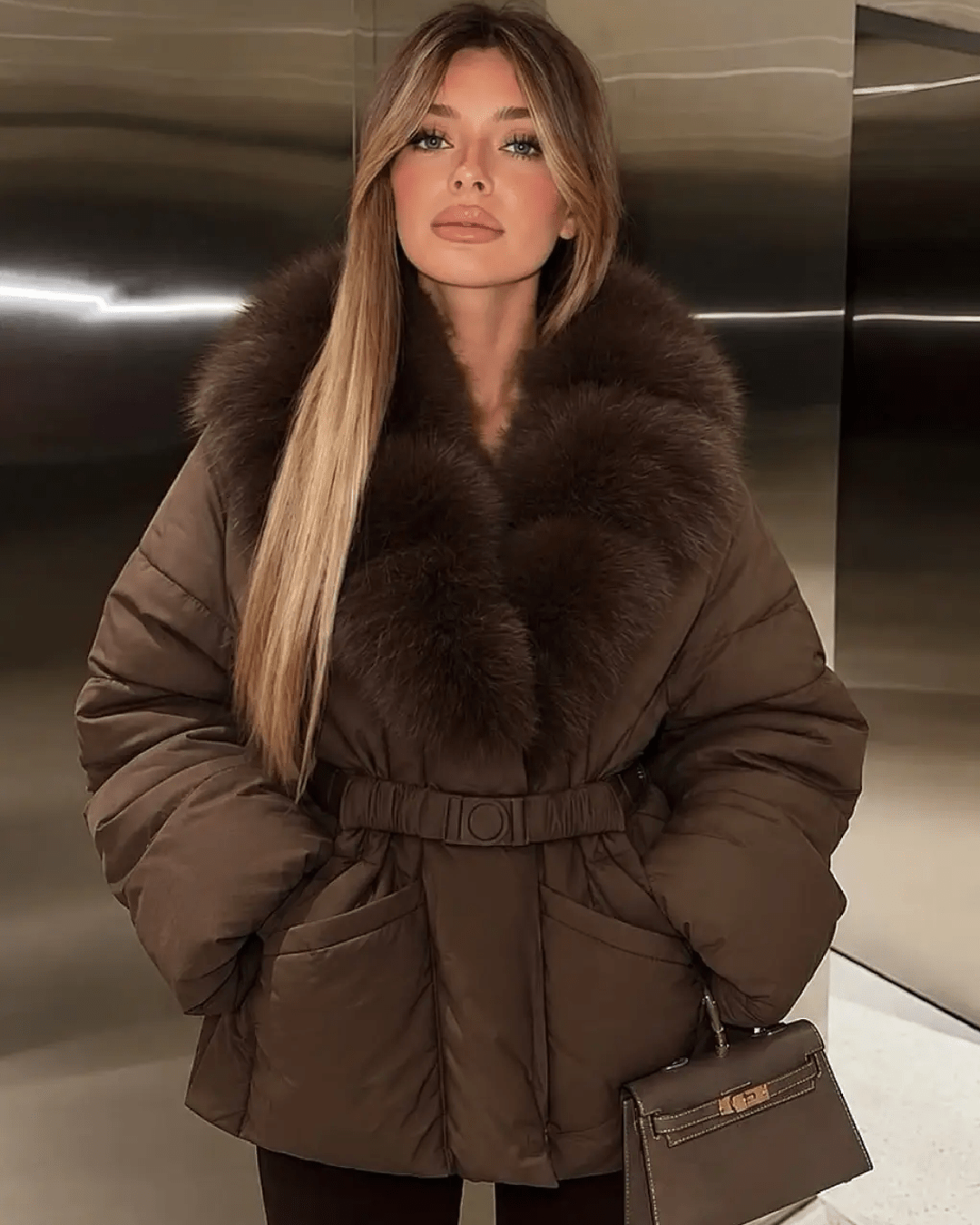 Anna Belted Faux Fur Collar Quilted Parka