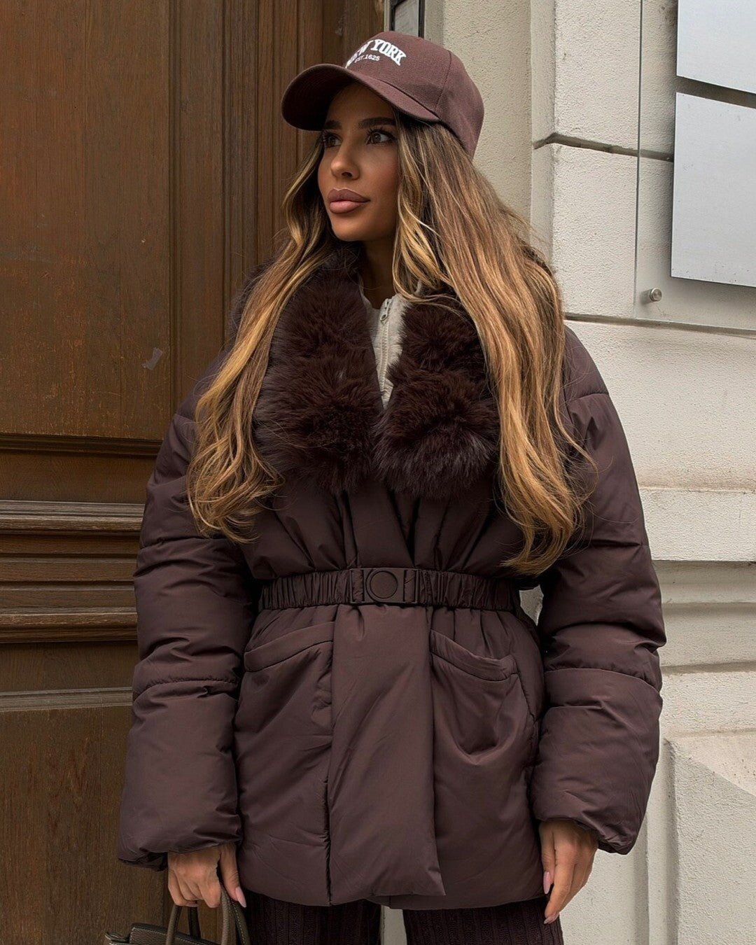 Anna Belted Faux Fur Collar Quilted Parka