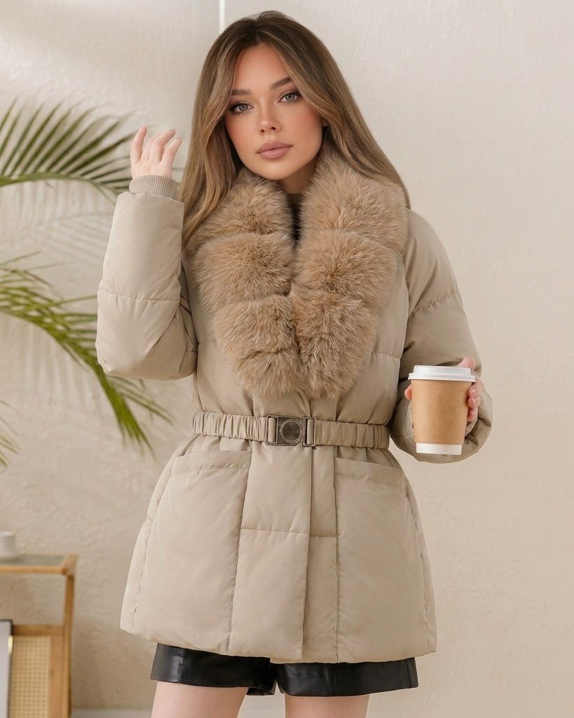 Anna Belted Faux Fur Collar Quilted Parka