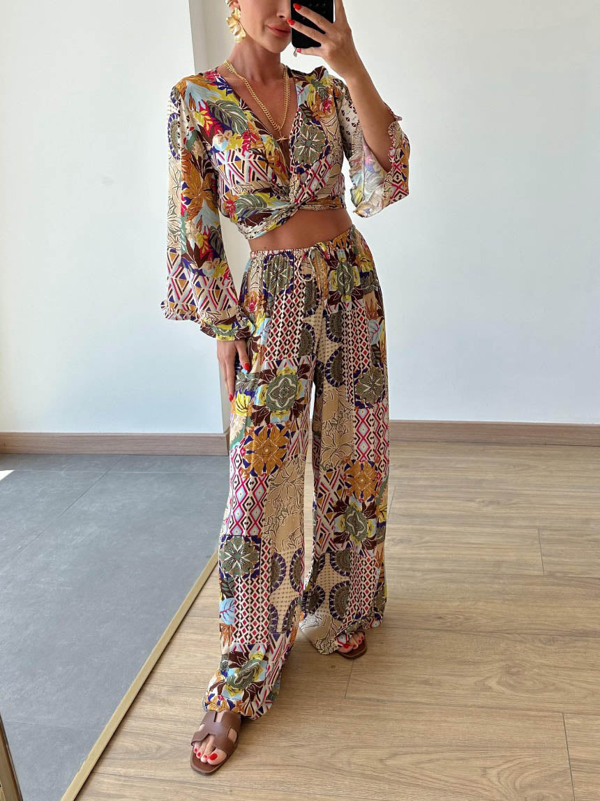 Retro Plant Print Short Wide-leg Pants