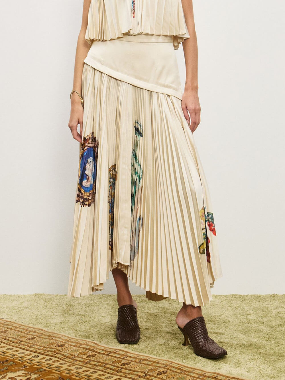 Retro Printed Ruched Patchwork Asymmetric Pleated Skirt