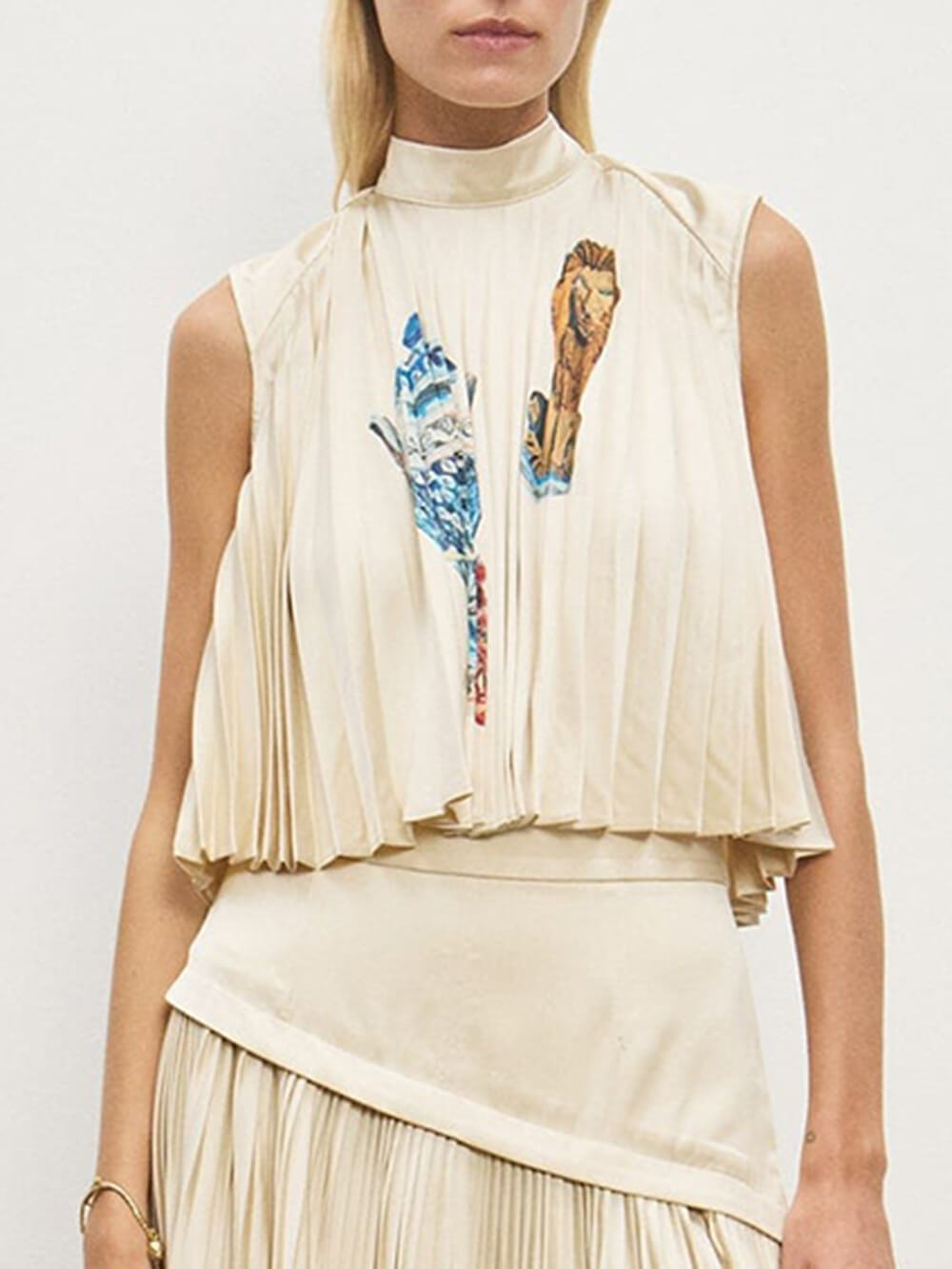 Retro Printed Ruched Patchwork Asymmetric Pleated Skirt