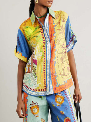 Chemise ample à manches courtes avec imprimé fantaisie d'été unique