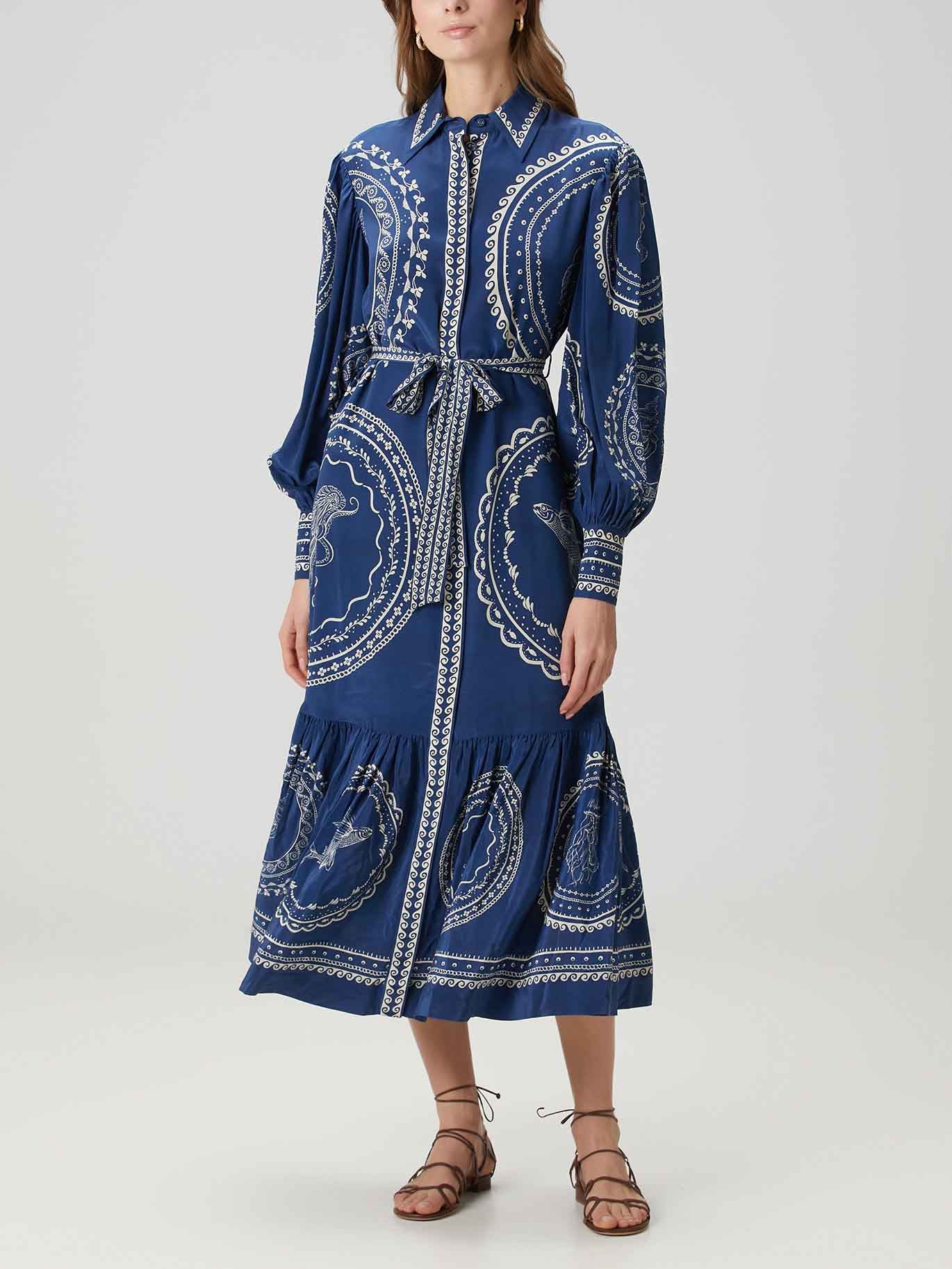 Robe mi-longue à lacets et imprimé océan bleu exquis