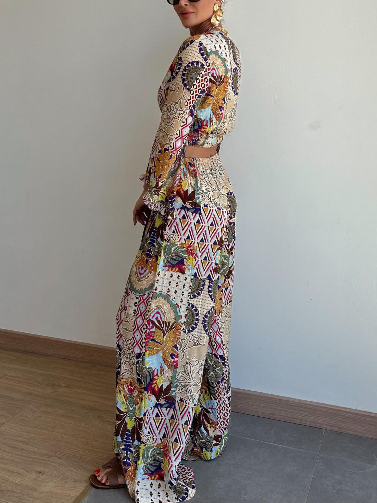 Retro Plant Print Short Wide-leg Pants