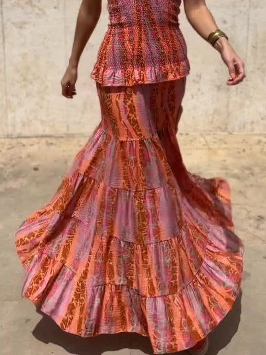 Jupe superposée imprimée style rétro folk décontracté